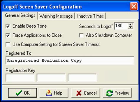 Logoff Screen Saver general settings screen shot
